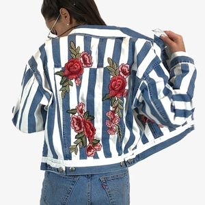 Handmade Striped Denim Jacket With Appliqués